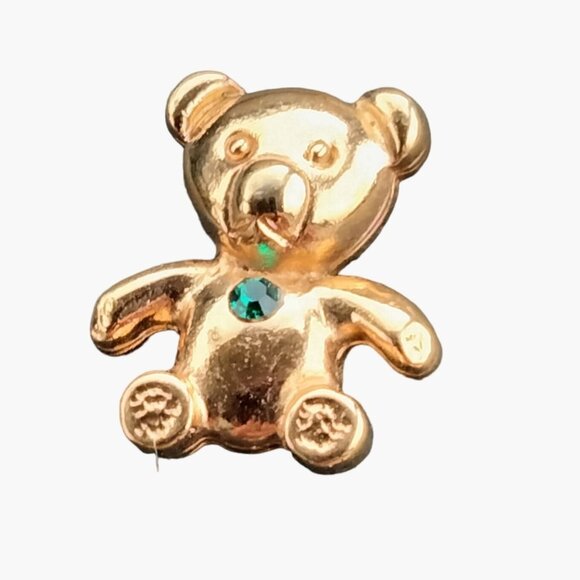 Teddy Bear Pinback Pin Tie Tack Gold Tone Green Rhinestone Birthstone May - Picture 1 of 3